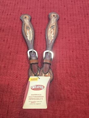 Weaver Brown Tooled Leather Spur Straps with Feather Design